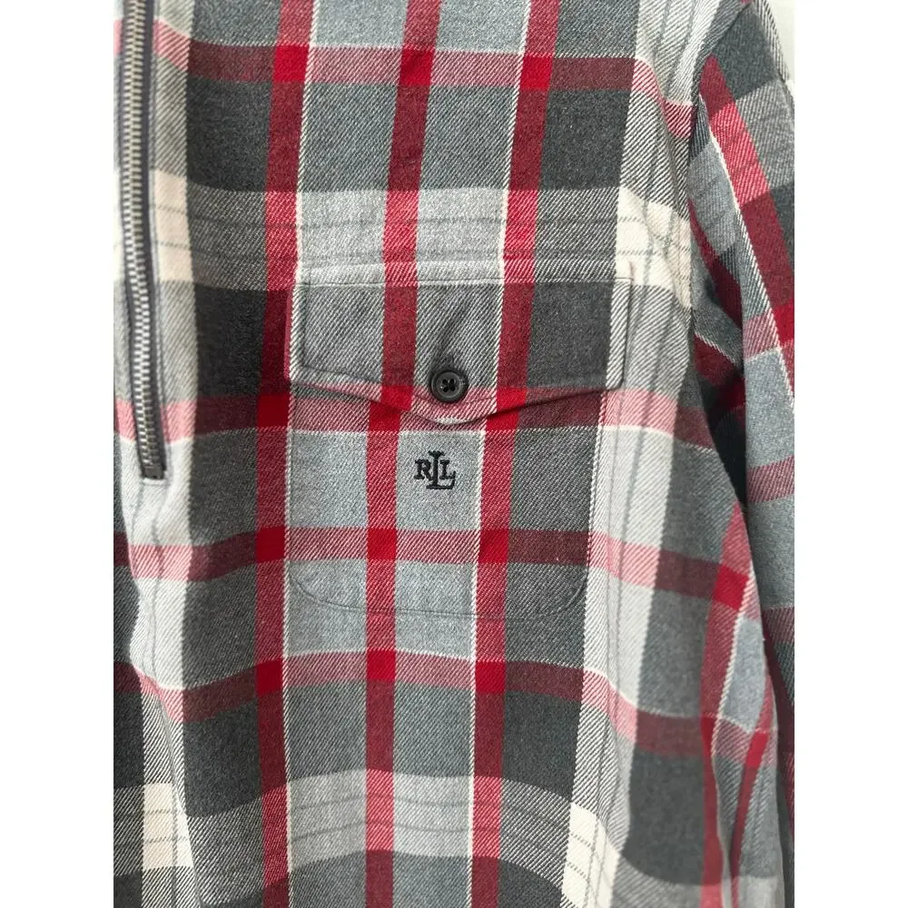 Lauren Ralph Lauren Plaid Flannel Shirt Men's Large Red Gray Half-Zip Casual